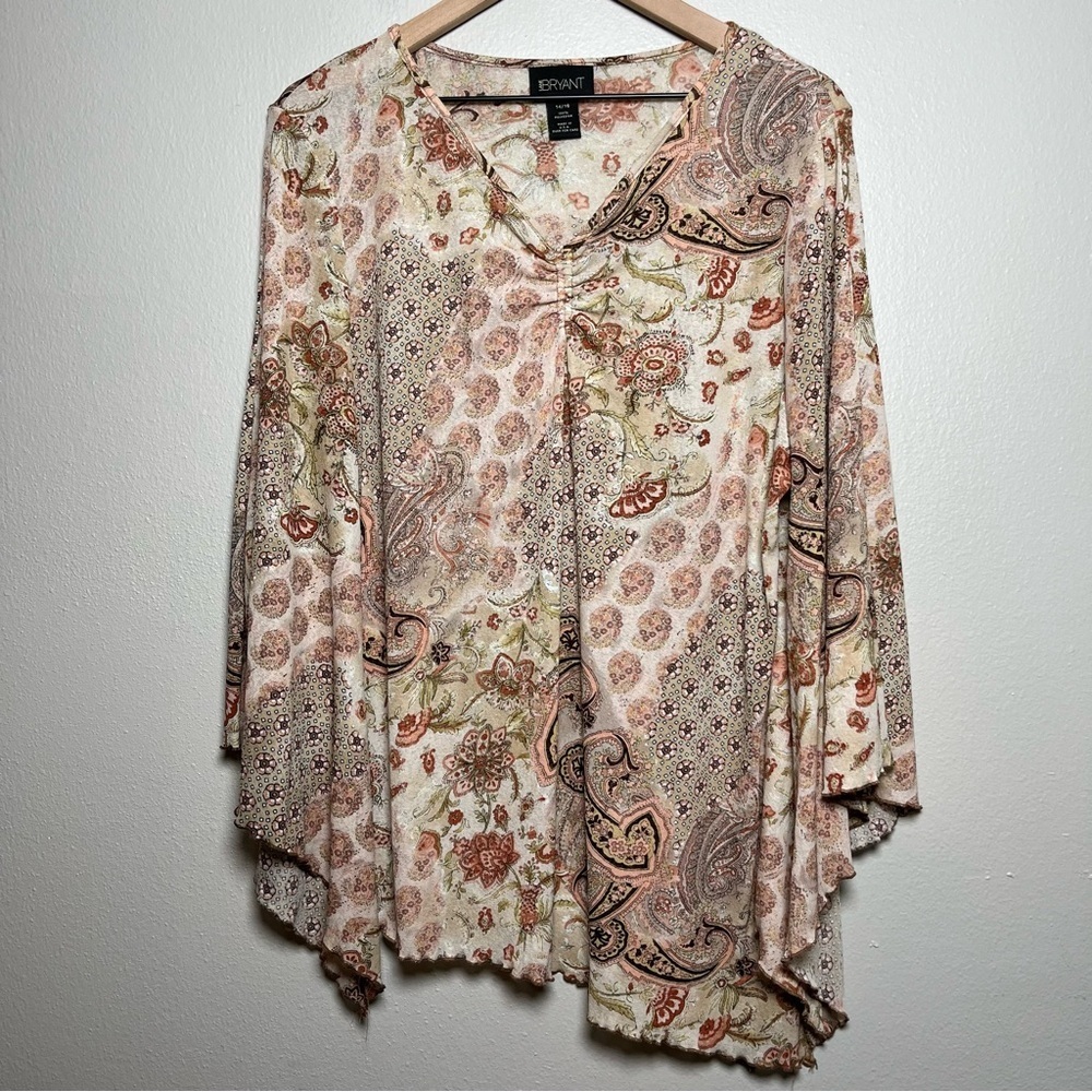 Lane Bryant Women Fairy Top‎ XL Brown Tan Pink Asymmetrical Flare Paisley Boho
